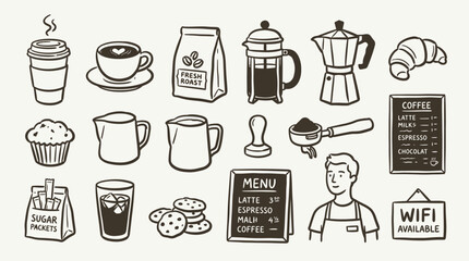 Coffee Shop Icons Collection with Barista and Menu © Lucy Abstracts