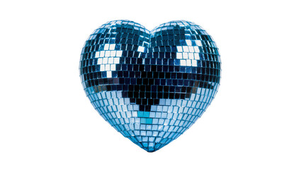 Blue mirrored heart disco ball, isolated on transparent background for festive events