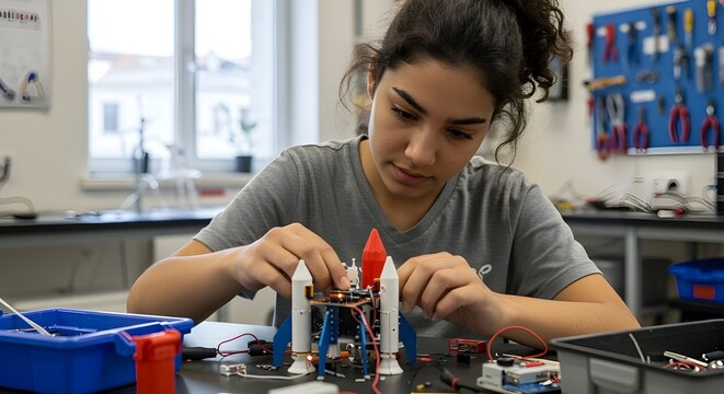 Students building a school rocket in a science workshop, experimenting with designs and teamwork. Concept of STEM education and hands-on learning.