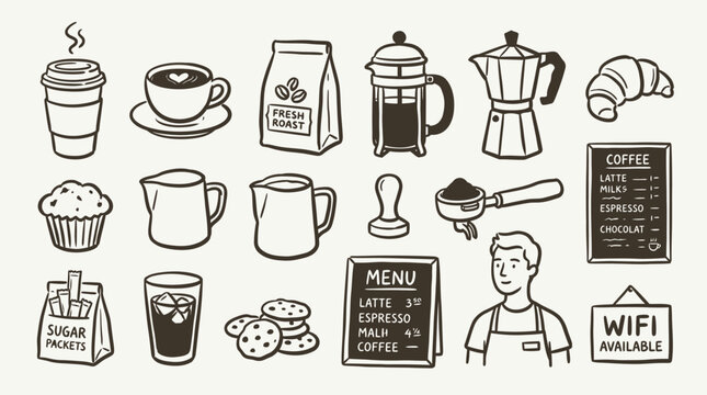 Coffee Shop Icons Collection with Barista and Menu