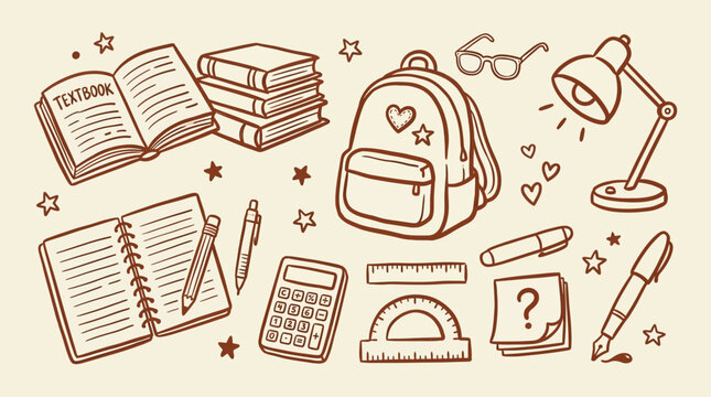 School Supplies Collection Backpack Books Desk Lamp Calculator Ruler Protractor Glasses Notebook Pen