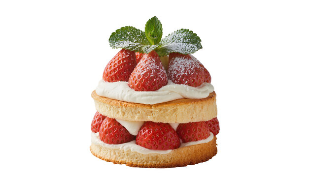 Delicious layered strawberry shortcake dessert with fresh cream and mint leaves, isolated on transparent background for sweet menus