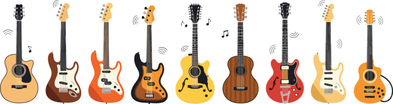 Guitar Set Featuring Acoustic, Electric, and Bass Guitars with Musical Notes for Music and Instrument Design Illustrations