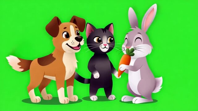 cartoon dog, cat, and rabbit standing together on green screen background for kids educational or friendly animal interaction illustration
