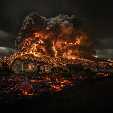 A family house engulfed by lava from a volcanic eruption, ash and dust covering the scene, under a dramatic sky capturing the intensity and chaos of a natural disaster.