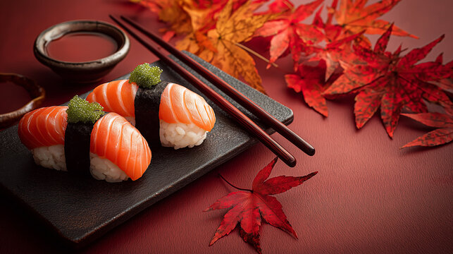 Sushi rolls rest on a dark stone plate