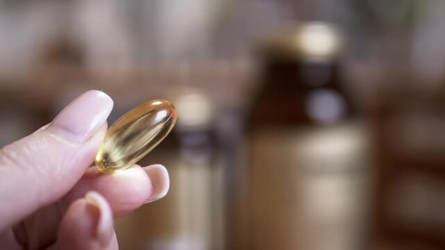 A fish oil capsule is held up between two fingers with supplement bottles blurred in the background.