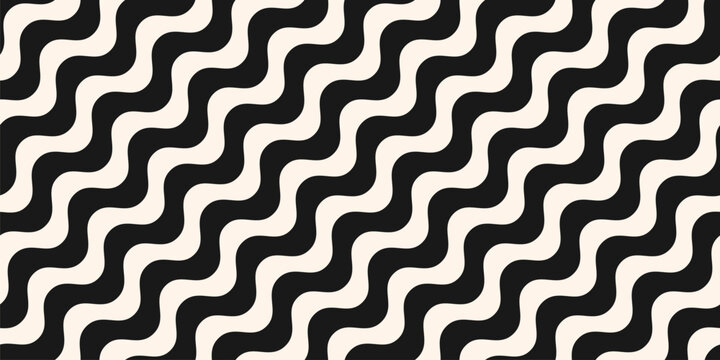 Simple black and white diagonal wavy lines pattern. Vector seamless texture with thick diagonal waves, curvy stripes. Simple abstract minimal background, optical illusion effect. Repeating geo design