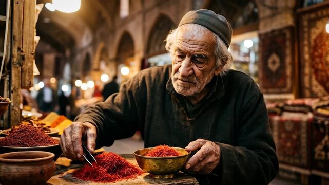 Elderly man carefully sorting saffron threads by hand in a traditional spice market shop