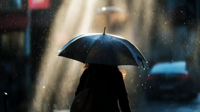 Silhouette of a person holding a patterned umbrella in the rain with golden light