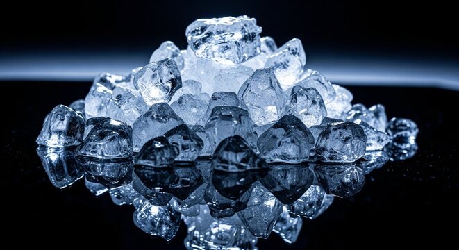 A pile of clear, irregular ice cubes or crushed ice crystals reflecting on a dark, glossy surface against a black background