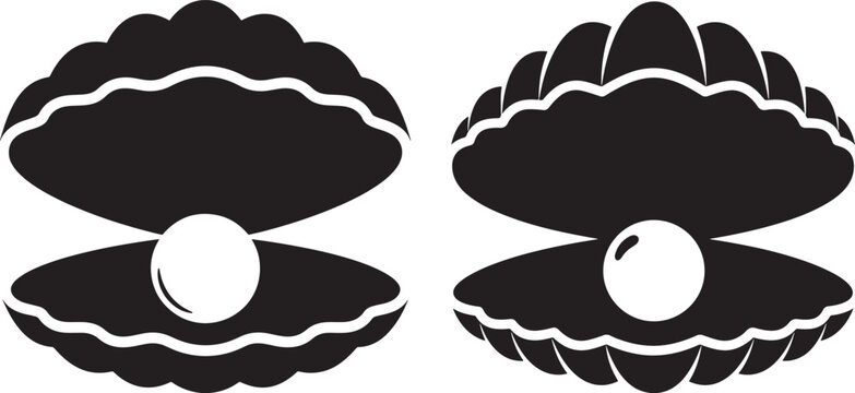 Black and white vector icons of open clam shells containing a white pearl on a white background