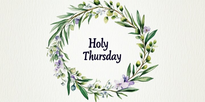 religious illustration, watercolor postcard with delicate olive branch wreath and spring flowers celebrating holy thursday in loose, airy style
