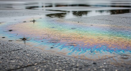Fototapeta premium Colorful rainbow patterns from oil or petrol floating on a water puddle on a gray road.
