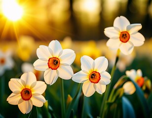 Fototapeta premium Narcissus flowers are arranged in a flowerbed. The sun shines brightly in the background, creating a warm atmosphere in the garden. Flowers show bright colors as they bloom Generative AI