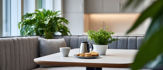 Fototapeta premium Modern cozy dining nook with gray upholstered bench seating, white table set with coffee pot, cup, cookies, and green potted plant in bright contemporary kitchen