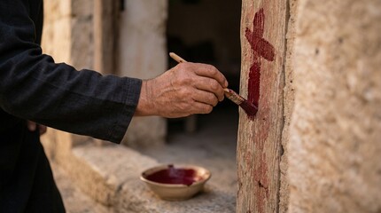 Man's hand painting a symbolic red mark on a rustic wooden doorframe, reminiscent of the Passover...
