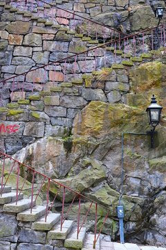 Public outdoor stone staircase from the 1940s descending from Mosebacke Torg toward Slussen in S&ouml;dermalm, Stockholm, Sweden