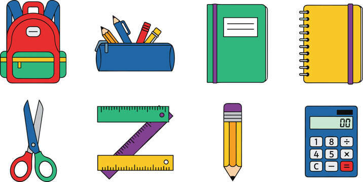 School Supplies and Stationery Icons Set Featuring Backpack, Scissors, Ruler, Pencil, Notebook, and Calculator for Education, Classroom, and Student Designs
