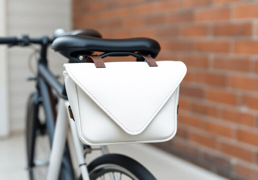 Blank white leather saddle bag under bicycle seat, ai generated. Empty handlebar briefcase for bikepacking with pocket mockup, brick wall background. Carrying vintage case on transport template.