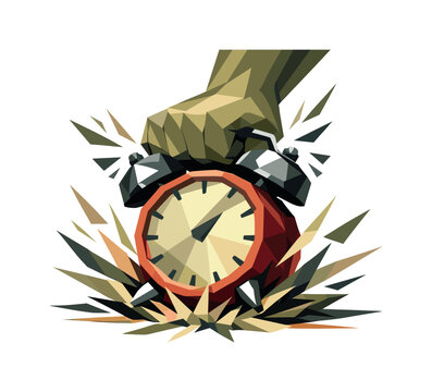 Low-poly vector illustration focused on alarm clock slam, faceted classic alarm clock captured in the instant of being slammed