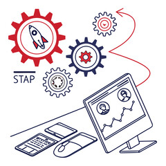 Fototapeta premium Computer and gears with rocket technology innovation