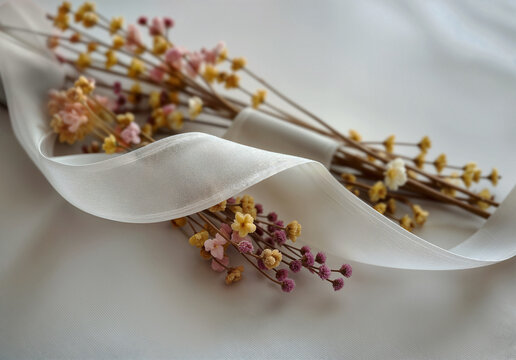 Blank white ribbon on flowers branch mockup, ai generated. Empty translucent decorate organza for adorn gift mock up lying on flower. Swirl riband material for fillet or decoration template.
