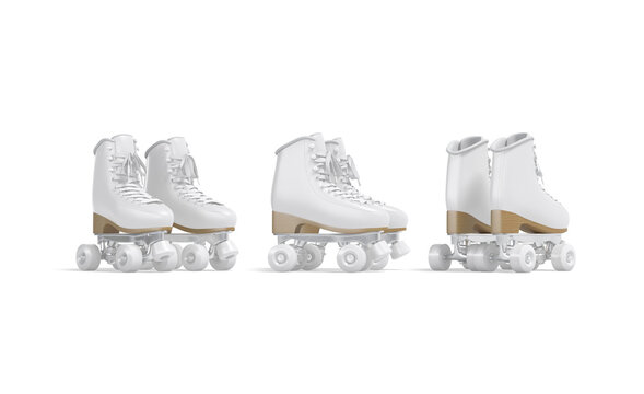 Blank white roller skates with wheels mockup pair, different angles views, 3d rendering. Empty rotation of rollerskates for rink uniform mock up, isolated. Clear shoelace boot for training template.
