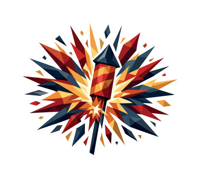 Low-poly vector illustration focused on holiday fireworks pop, faceted firework rocket bursting into a dramatic radial explosion