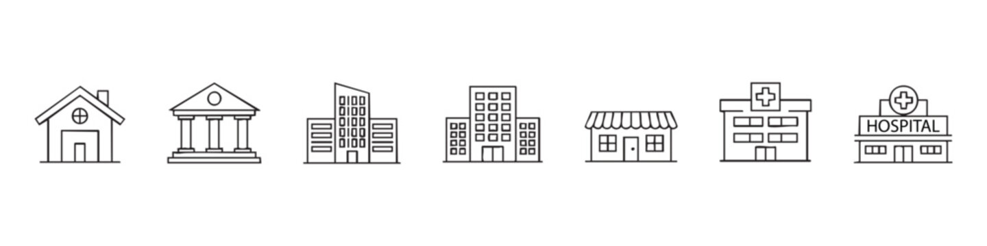 Set of building line icons including house, bank, office skyscraper, apartment, shop, and hospital symbols. Minimalist vector illustration for web, maps, and architectural design.