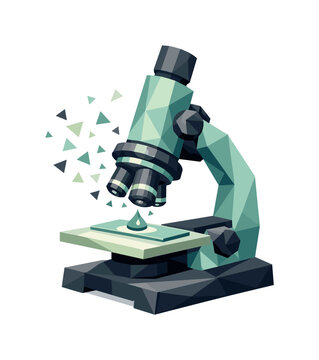 Low-poly vector illustration focused on microscope discovery pop after the discovery settles, geometric microscope calmly