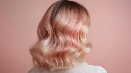Fototapeta premium A woman with stylish wavy blonde hair against a pink background