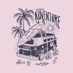 Surfing with surfboard in sea side palm beach. tropical paradise in vector graphic tee. palm tree with sun. t-shirt design. Sweatshirt graphic tee. perfects for girl's women's with boys fashion style. © sumonsharif
