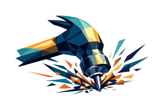 Low-poly vector illustration focused on hammer nail strike during the action escalation, dramatic perspective of the hammer head