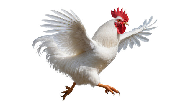 White rooster with red comb wings up, isolated on transparent background