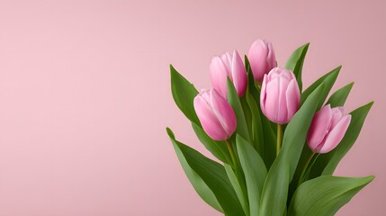 Obraz premium Pink tulips are arranged on a simple background with copy space.