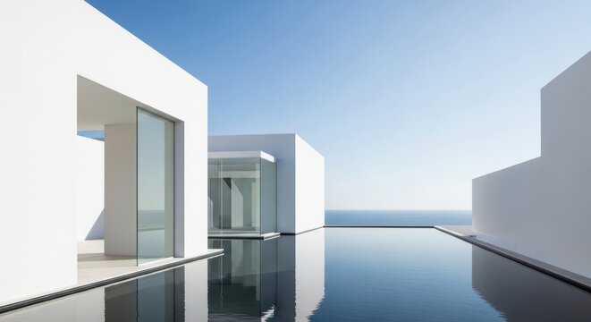 Modern white building with pool and ocean view