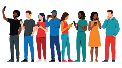 Fototapeta premium Group of diverse people standing and using smartphones for various activities.