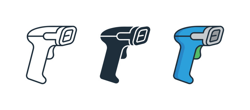 Collection of barcode scanner icons in outline, solid, and color styles