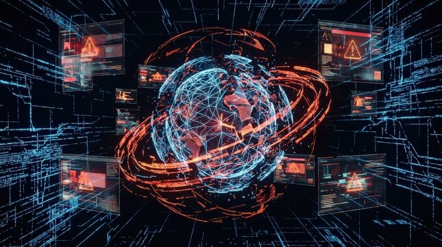 A dramatic digital visualization depicting a distorted artificial intelligence processing environment, corrupted data streams and fragmented neural network patterns filling a dark cyberspace backdrop,