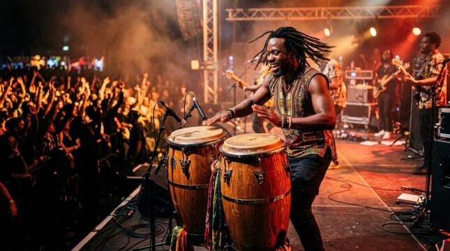 A dynamic live music performance scene capturing an energetic percussionist playing a pair of conga drums on a warmly lit concert stage, rhythmic intensity and physical energy conveyed through the