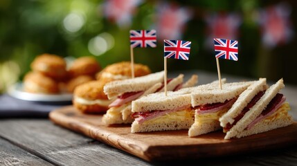 food styling, high-quality presentation of ve-day street party snacks with celebratory decor and inviting composition, no text