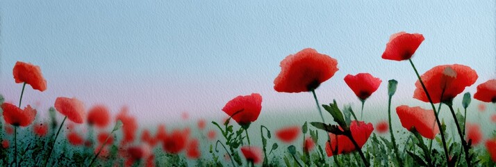 peaceful ve-day painting, emotional watercolorink painting for ve-day website header red poppies, distant spitfire, serene atmosphere for text overlay