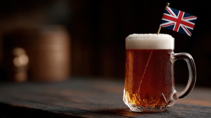 british pub culture, a pint of ale in a british pub with a union jack flag and commemorative pin, all in high resolution for ve-day
