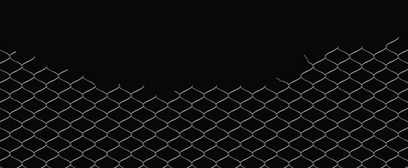 Broken wire net fence vector realistic illustration, steel chain link fence mesh with torn metal destroyed grid on black