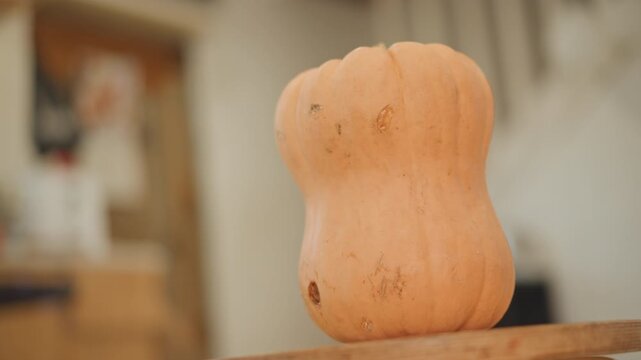 Side portrait butternut pumpkin on countertop, soft focus kitchen background, rustic cutting board base, tall squash silhouette, textured skin details, cozy harvest mood, chef and home cook