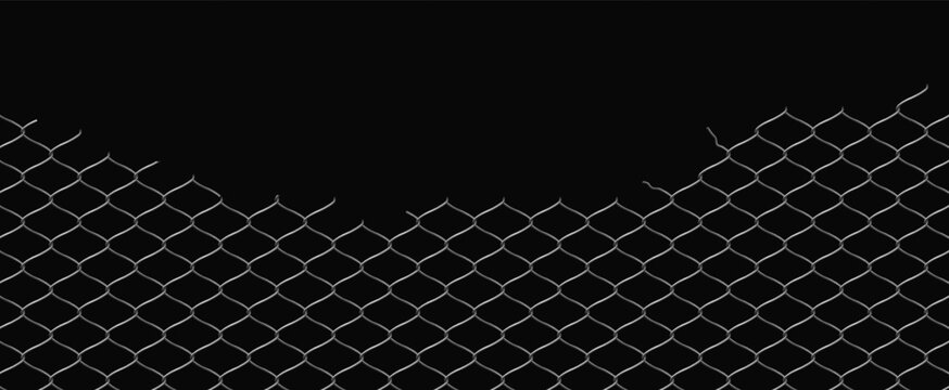Broken wire net fence vector realistic illustration, steel chain link fence mesh with torn metal destroyed grid on black