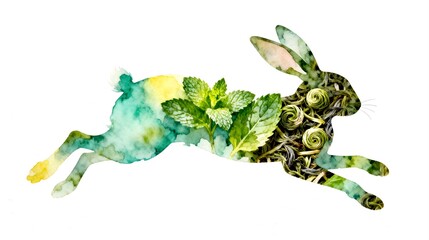 Fototapeta premium Watercolor Double Exposure of Jumping Rabbit Silhouette and Fresh Mint Leaves with Green Tea Spirals