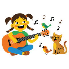 Fototapeta premium Happy girl playing guitar with singing birds and cat illustration.