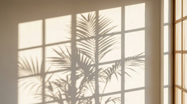 Soft dappled shadow of window panes and tropical palm branches cast across a bright clean surface by warm summer sunlight, realistic shadow overlay of window frame geometry blended with organic